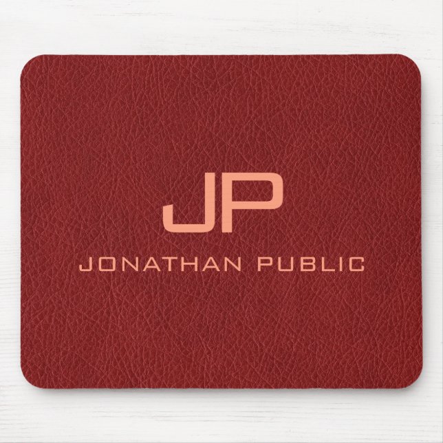 Monogram Name Red Brown Leather Look Template Mouse Pad (Front)