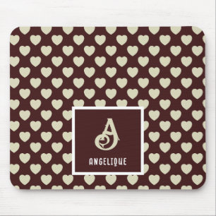 Monogram Name Red & Light Green Hearts Pattern Mouse Pad