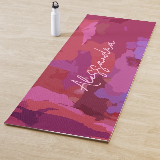 Monogram Name Red Pink Abstract Camo Pattern Girly Yoga Mat (In Situ)
