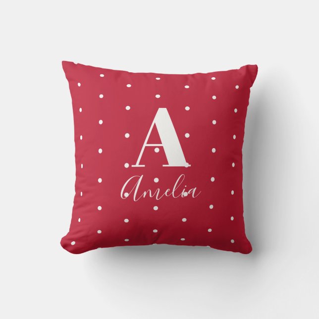 Monogram Name Red Polka Dots Pattern Throw Pillow (Front)