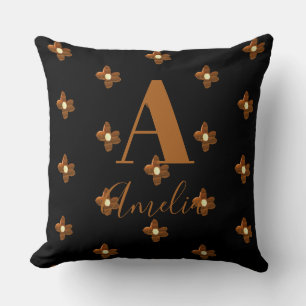 Monogram Name Retro Flower Black Brown Throw Pillow