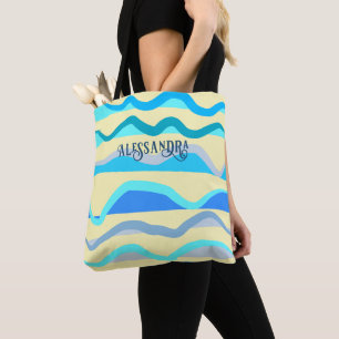 Monogram name retro nautical blue yellow waves  tote bag