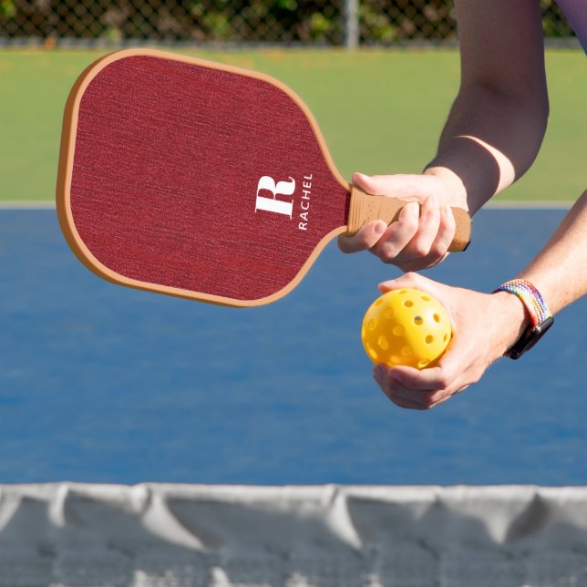 Monogram Name || Rich Ruby Red Denim Print Pickleball Paddle (Insitu)