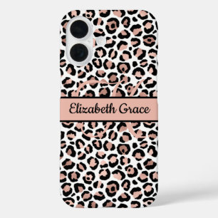 Monogram Name Rose Gold Black Leopard Print iPhone 16 Case