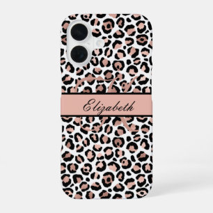 Monogram Name Rose Gold Black Leopard Print iPhone 16 Case