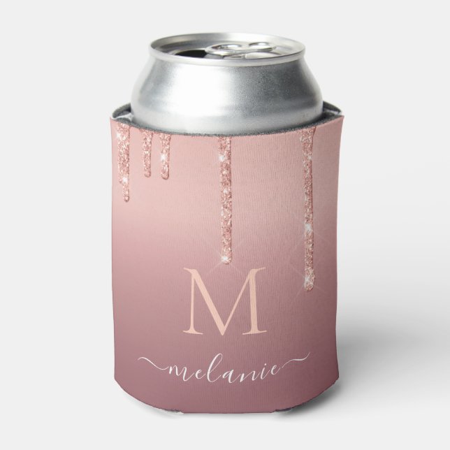 Monogram Name Rose Gold Blush Glitter Can Cooler (Can Front)