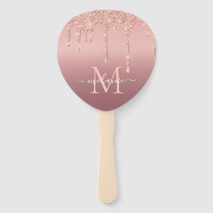 Monogram Name Rose Gold Blush Glitter Hand Fan