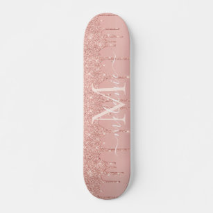 Monogram Name Rose Gold Blush Glitter Skateboard