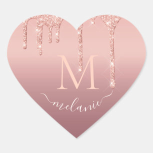 Monogram Name Rose Gold Blush Glitter Sparkle Heart Sticker