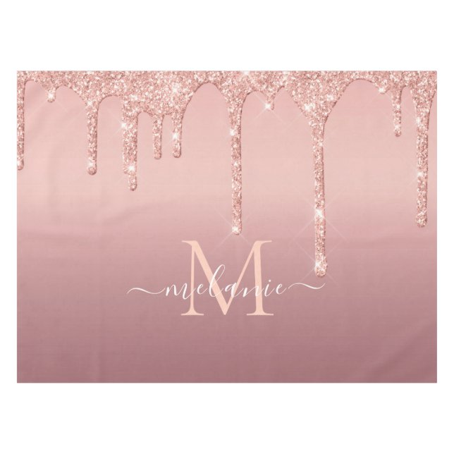 Monogram Name Rose Gold Blush Glitter Tablecloth (Front (Horizontal))