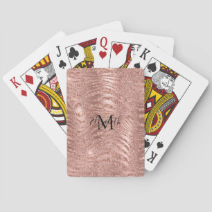 Monogram Name Rose Gold Glitter Animal Print Playing Cards