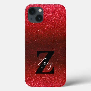 Monogram Name Ruby Red Ombre Glitter Sparkles iPhone 13 Case