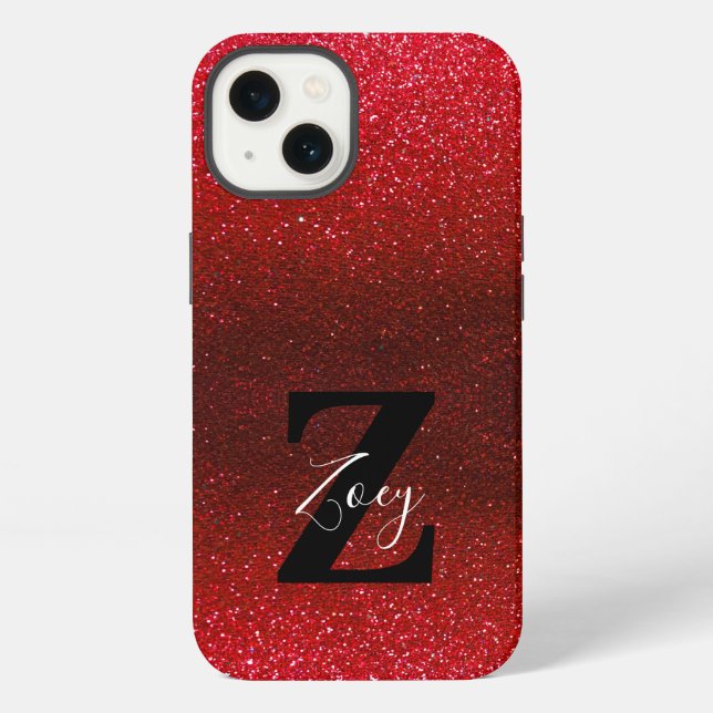 Monogram Name Ruby Red Ombre Glitter Sparkles iPhone Case (Back)