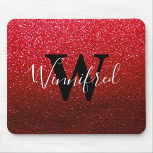 Monogram Name Ruby Red Ombre Glitter Sparkles Mouse Pad