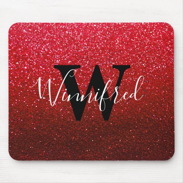 Monogram Name Ruby Red Ombre Glitter Sparkles Mouse Pad (Front)