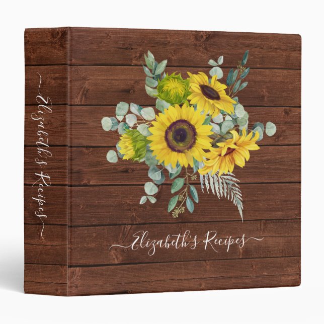 Monogram Name Rustic Wood Sunflower Recipe  Binder (Front/Spine)