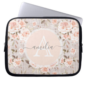 Monogram Name Rustic Wood & Vintage Roses Romantic Laptop Sleeve