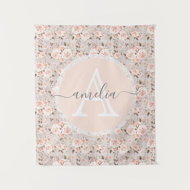 Monogram Name Rustic Wood & Vintage Roses Romantic Tapestry (Front)