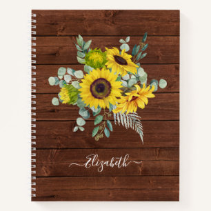 Monogram Name Rustic Wood Yellow Sunflower Notebook