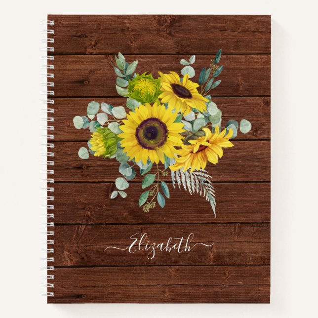 Monogram Name Rustic Wood Yellow Sunflower Notebook (Front)