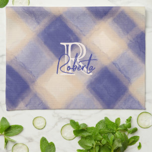 Monogram name script blue navy cream beige plaid kitchen towel