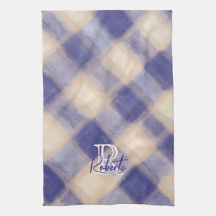 Monogram name script blue navy cream beige plaid  kitchen towel