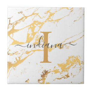 Monogram Name Script Initial Gold Marble Pattern Tile