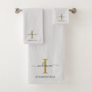 Monogram Name Script Minimalist Gold Grey Bath Towel Set