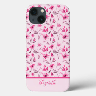 Monogram Name Script Pink Floral Elegant Trendy iPhone 13 Case
