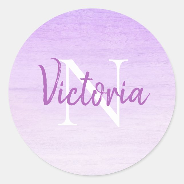 Monogram Name Script Purple Classic Round Sticker (Front)