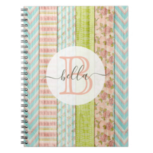 Monogram Name Shabby Roses on Rustic Wood Cottage Notebook