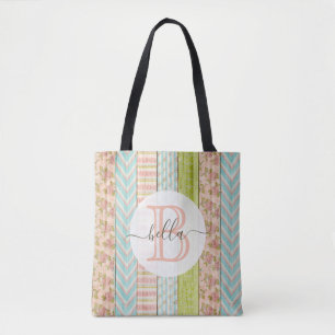 Monogram Name Shabby Roses on Rustic Wood Cottage Tote Bag