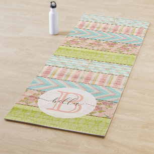 Monogram Name Shabby Roses on Rustic Wood Cottage Yoga Mat