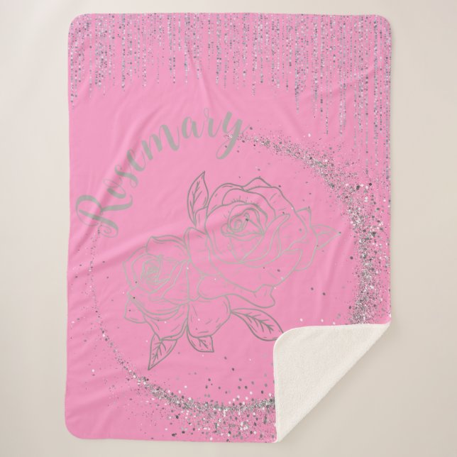 Monogram Name Silver Glitter & Roses on pink | Sherpa Blanket (Front)