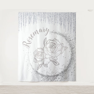 Monogram Name Silver Glitter & Roses on white Tapestry