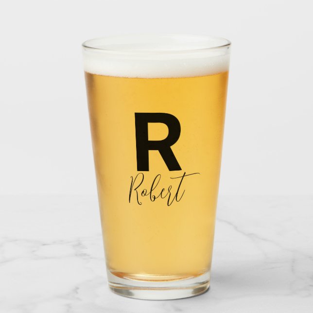 Monogram Name Simple Black Script Beer Glass (Front Filled)