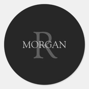 Monogram & Name, Simple Classic Design In Grey Tex Round Sticker