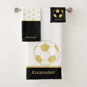 Monogram name Soccer Football Gold Black and White Bath Towel Set