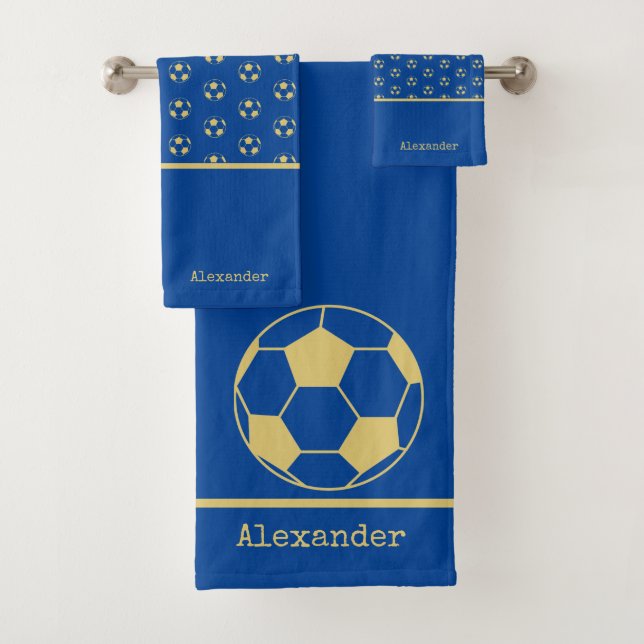 Monogram name Soccer Football Gold Blue Bath Towel Set (Insitu)