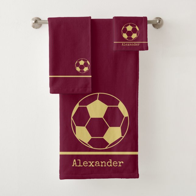 Monogram name Soccer Football Gold Burgundy  Bath Towel Set (Insitu)