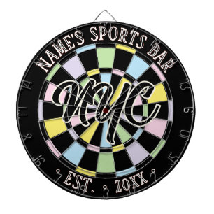 Monogram & Name Sports Bar, Black & Pastel Colours Dartboard