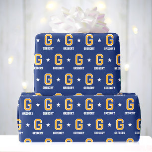 Monogram Name Star Navy Yellow Custom Wrapping Paper
