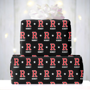 Monogram  Name Star Red Black Custom Wrapping Paper