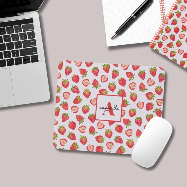 Monogram Name Summer Strawberry Pattern Mouse Pad (Strawberry mouse mat with monogram and first name. Personalized office desk.)