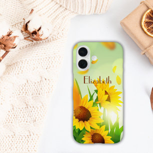 Monogram Name Sunflowers Yellow Green Floral iPhone 16 Case