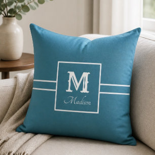 Monogram Name Teal and White Throw Pillow