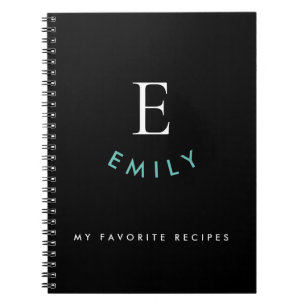Monogram Name Teal White Text Black Recipe Notebook