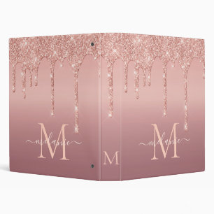 Monogram Name Text Rose Gold Blush Glitter Binder