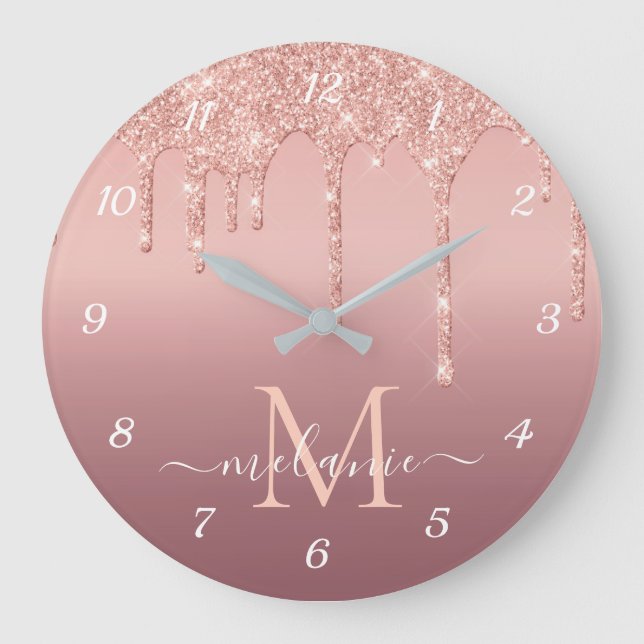 Monogram Name Text Rose Gold Blush Glitter Clock (Front)