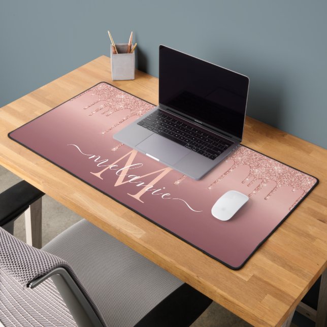 Monogram Name Text Rose Gold Blush Glitter Desk Mat (Office 2)